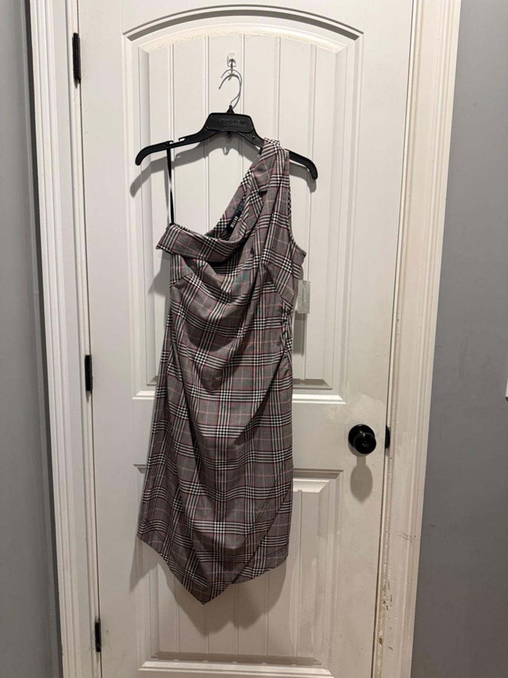 Anthropologie One-Shoulder Plaid Midi Dress - Gray with Black Accents